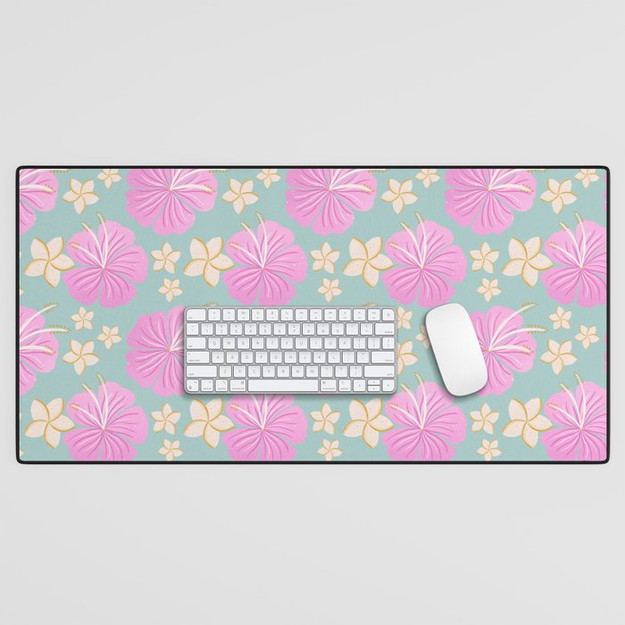 Pink and turquoise hibiscus flowers pattern Desk Mat Gallery Image 1