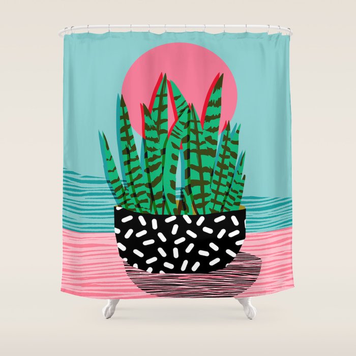 Edgy - wacka potted indoor house plant hipster retro throwback minimal 1980s 80s neon pop art Shower Curtain Gallery Image 1