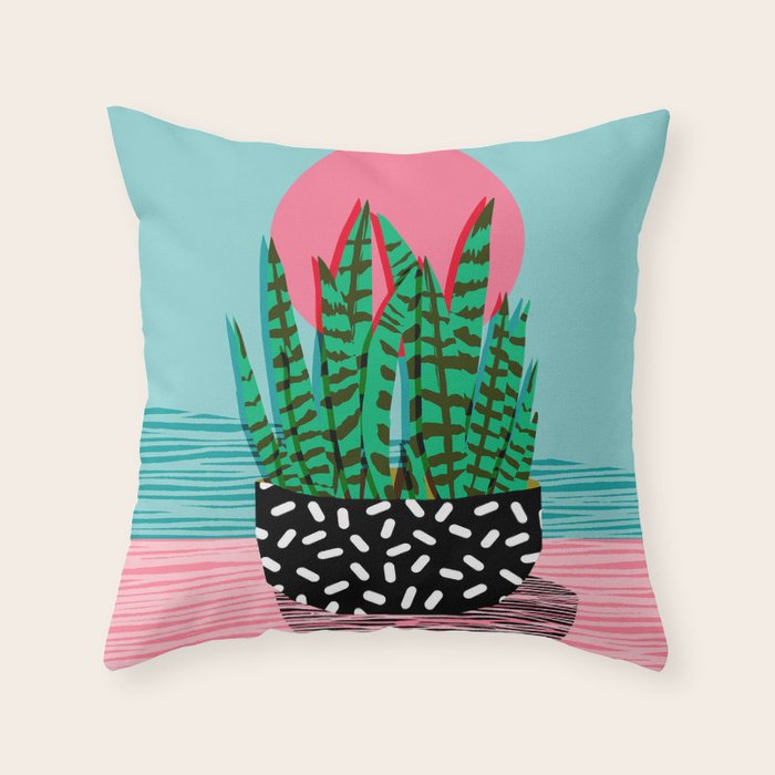 Edgy - wacka potted indoor house plant hipster retro throwback minimal 1980s 80s neon pop art Throw Pillow Gallery Image 1