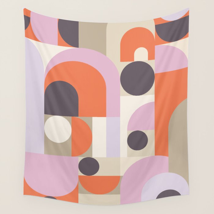 Geometric Bauhaus Shapes - Orange and Lavender Wall Tapestry Gallery Image 4