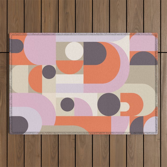 Geometric Bauhaus Shapes - Orange and Lavender Outdoor Rug Gallery Image 1