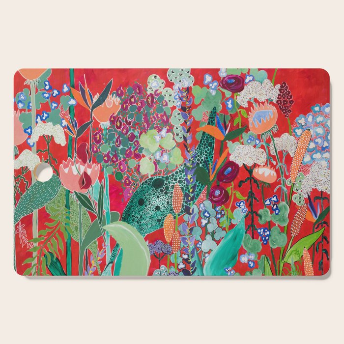 Floral Jungle on Red with Proteas, Eucalyptus and Birds of Paradise Cutting Board Gallery Image 1