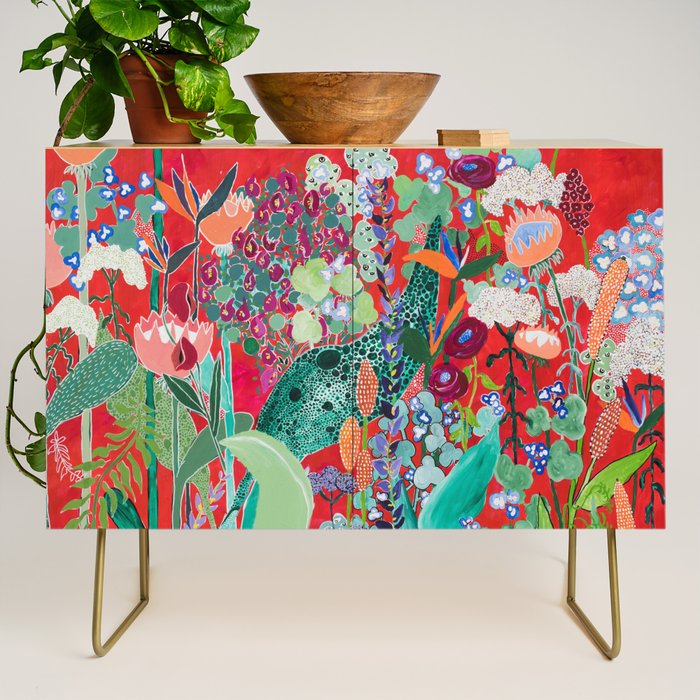 Floral Jungle on Red with Proteas, Eucalyptus and Birds of Paradise Credenza Gallery Image 1
