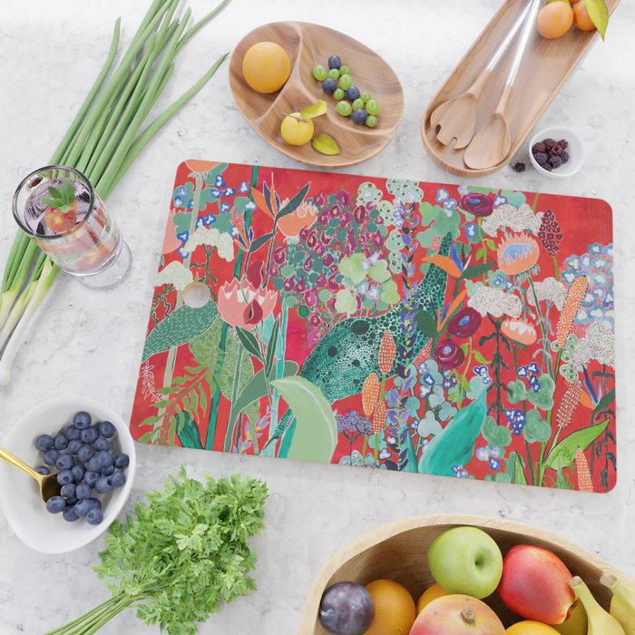 Floral Jungle on Red with Proteas, Eucalyptus and Birds of Paradise Cutting Board Gallery Image 2