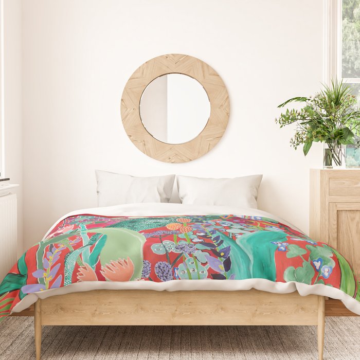 Floral Jungle on Red with Proteas, Eucalyptus and Birds of Paradise Duvet Cover Gallery Image 3