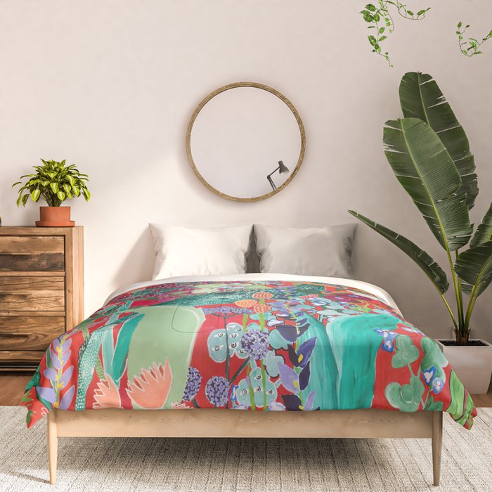Floral Jungle on Red with Proteas, Eucalyptus and Birds of Paradise Comforter Gallery Image 3