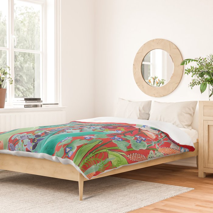 Floral Jungle on Red with Proteas, Eucalyptus and Birds of Paradise Duvet Cover Gallery Image 2