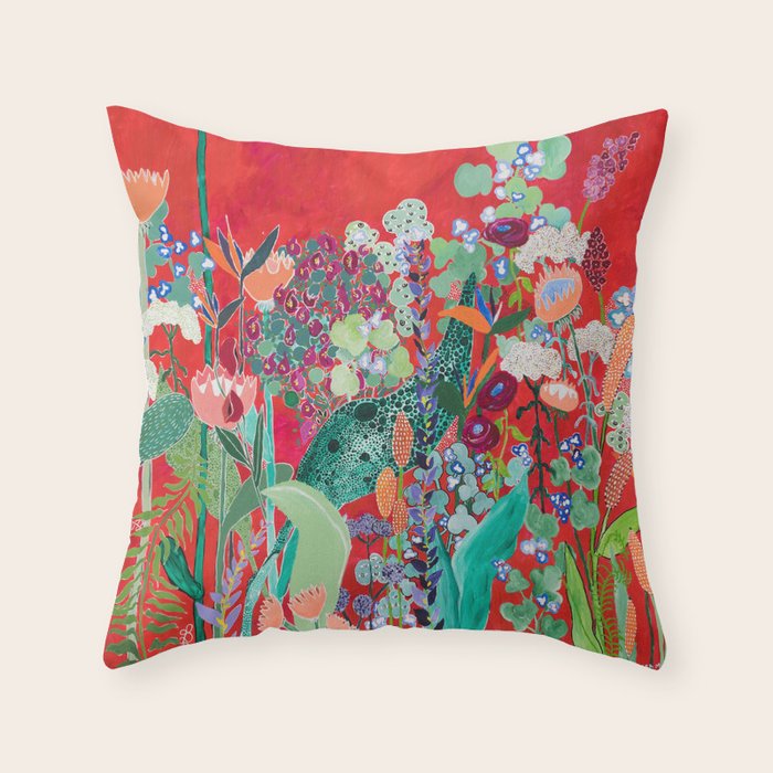 Floral Jungle on Red with Proteas, Eucalyptus and Birds of Paradise Throw Pillow Gallery Image 6