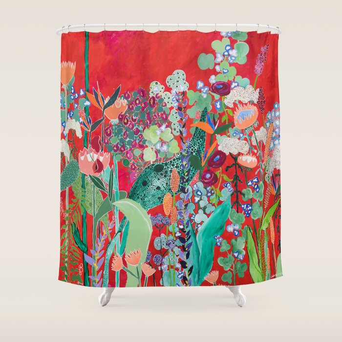 Floral Jungle on Red with Proteas, Eucalyptus and Birds of Paradise Shower Curtain Gallery Image 1