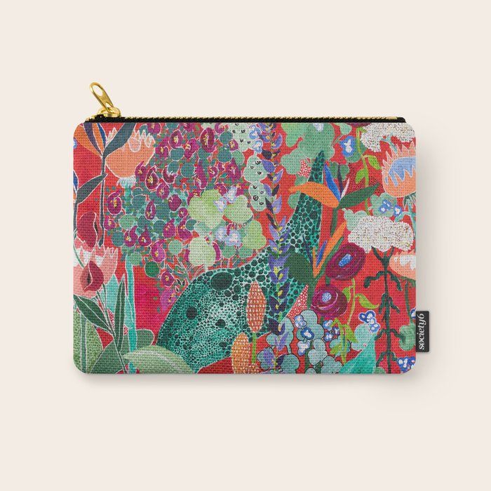 Floral Jungle on Red with Proteas, Eucalyptus and Birds of Paradise Carry All Pouch Gallery Image 1