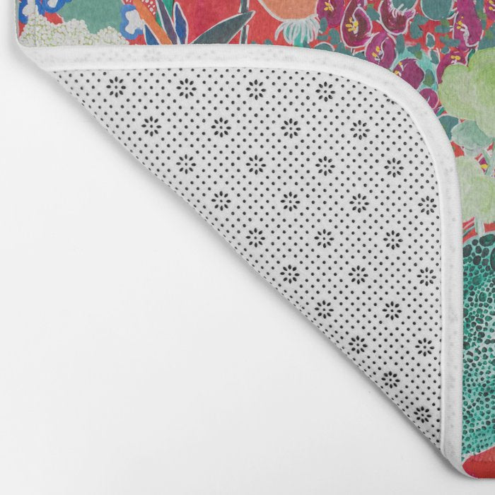 Floral Jungle on Red with Proteas, Eucalyptus and Birds of Paradise Bath Mat Gallery Image 2