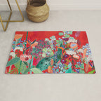Floral Jungle on Red with Proteas, Eucalyptus and Birds of Paradise Rug Gallery Image 1