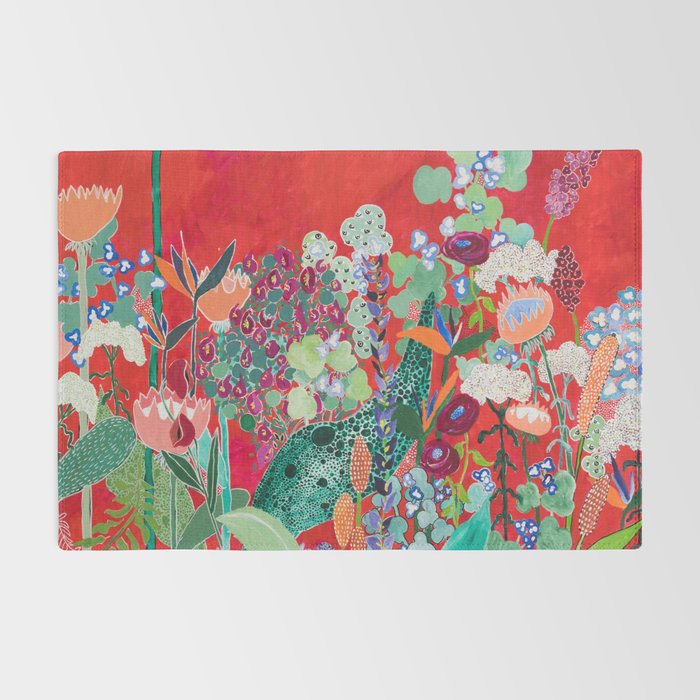 Floral Jungle on Red with Proteas, Eucalyptus and Birds of Paradise Rug Gallery Image 2