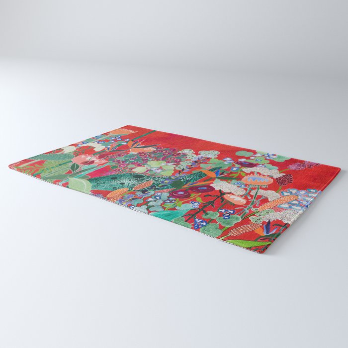 Floral Jungle on Red with Proteas, Eucalyptus and Birds of Paradise Rug Gallery Image 3