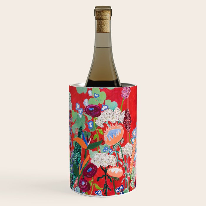 Floral Jungle on Red with Proteas, Eucalyptus and Birds of Paradise Wine Chiller Gallery Image 3