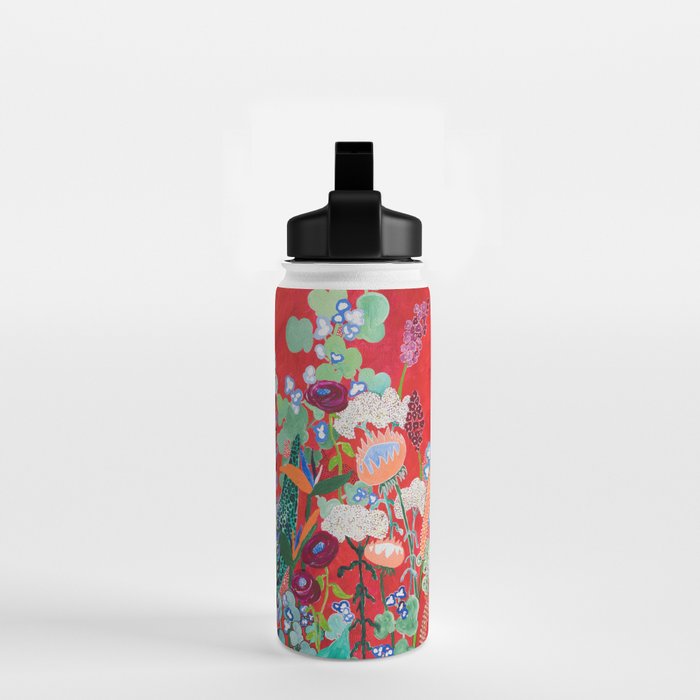 Floral Jungle on Red with Proteas, Eucalyptus and Birds of Paradise Water Bottle Gallery Image 2