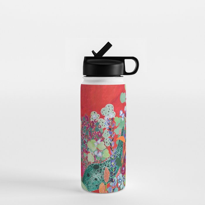 Floral Jungle on Red with Proteas, Eucalyptus and Birds of Paradise Water Bottle Gallery Image 1