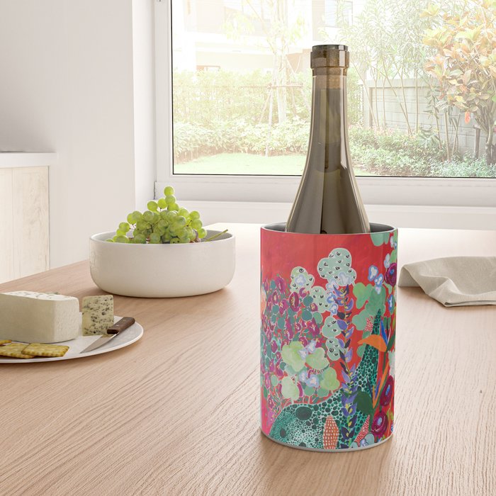 Floral Jungle on Red with Proteas, Eucalyptus and Birds of Paradise Wine Chiller Gallery Image 4