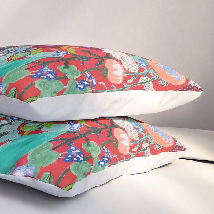 Floral Jungle on Red with Proteas, Eucalyptus and Birds of Paradise Pillow Sham Gallery Image 3