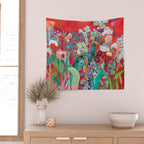 Floral Jungle on Red with Proteas, Eucalyptus and Birds of Paradise Wall Tapestry Gallery Image 2
