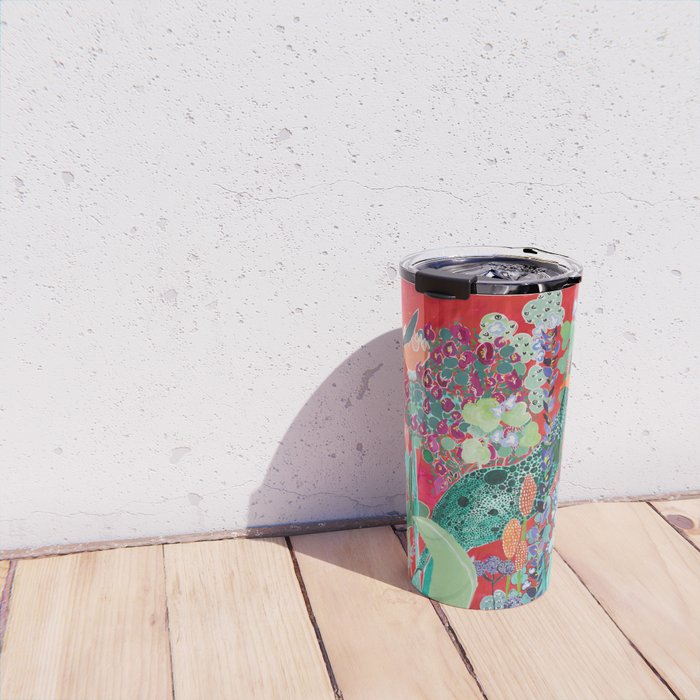 Floral Jungle on Red with Proteas, Eucalyptus and Birds of Paradise Travel Mug Gallery Image 4