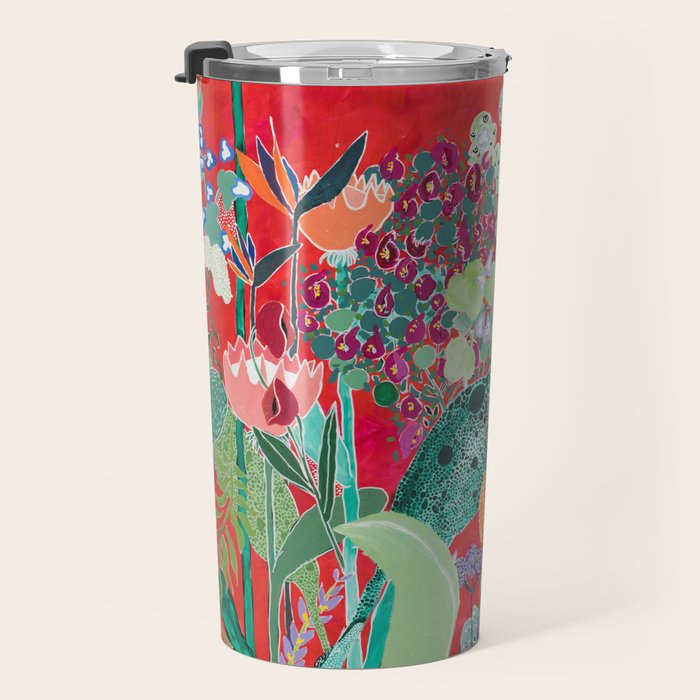 Floral Jungle on Red with Proteas, Eucalyptus and Birds of Paradise Travel Mug Gallery Image 3