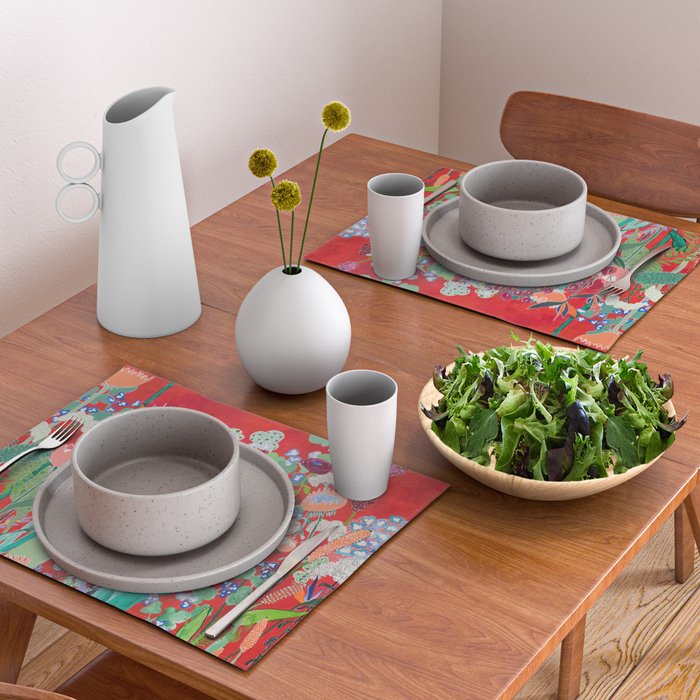 Floral Jungle on Red with Proteas, Eucalyptus and Birds of Paradise Placemat Gallery Image 2