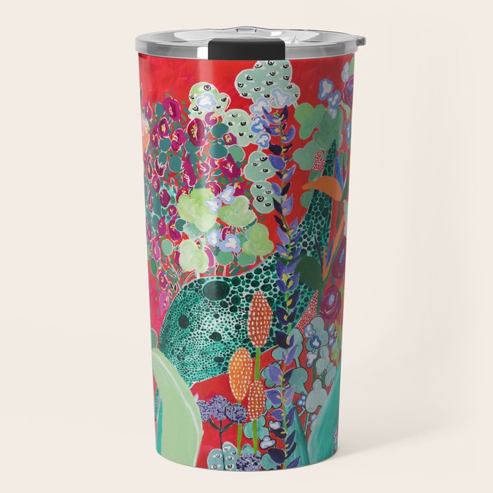 Floral Jungle on Red with Proteas, Eucalyptus and Birds of Paradise Travel Mug Gallery Image 1