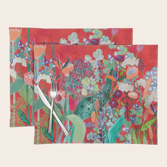 Floral Jungle on Red with Proteas, Eucalyptus and Birds of Paradise Placemat Gallery Image 1