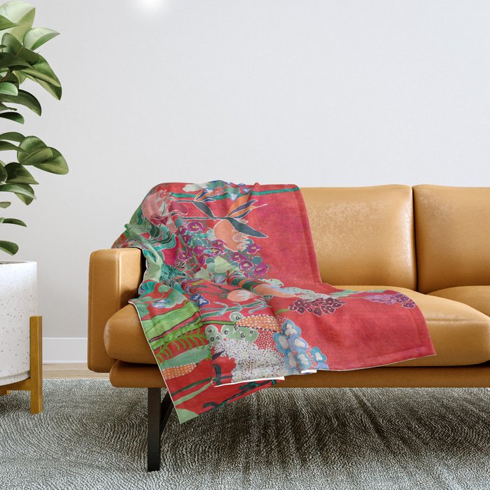Floral Jungle on Red with Proteas, Eucalyptus and Birds of Paradise Throw Blanket Gallery Image 1