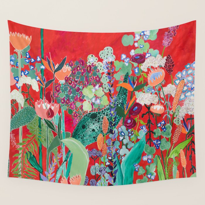 Floral Jungle on Red with Proteas, Eucalyptus and Birds of Paradise Wall Tapestry Gallery Image 1