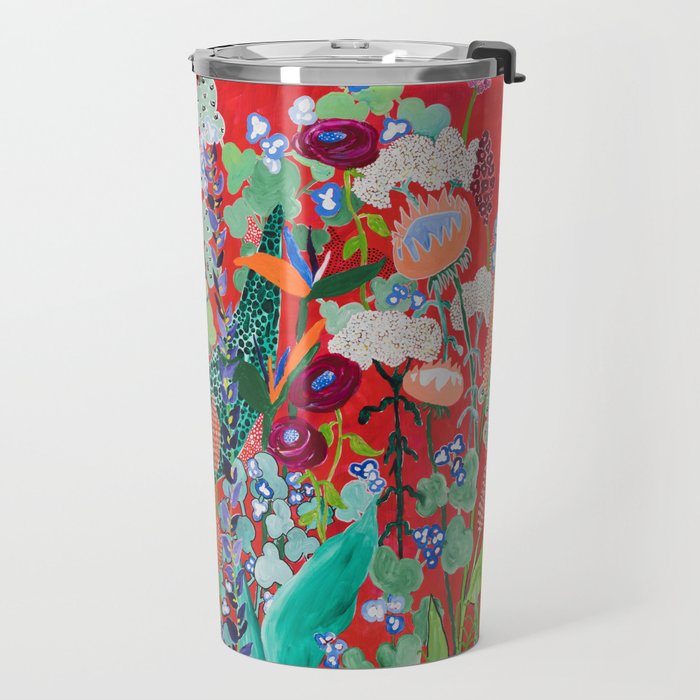 Floral Jungle on Red with Proteas, Eucalyptus and Birds of Paradise Travel Mug Gallery Image 2