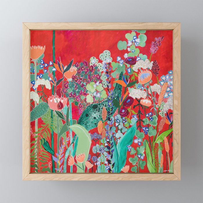 Red floral Jungle Garden Botanical featuring Proteas, Reeds, Eucalyptus, Ferns and Birds of Paradise Mini Art Print Gallery Image 1