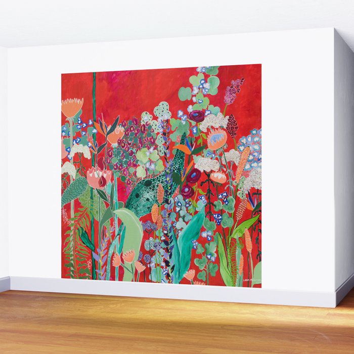 Red floral Jungle Garden Botanical featuring Proteas, Reeds, Eucalyptus, Ferns and Birds of Paradise Wall Mural Gallery Image 2