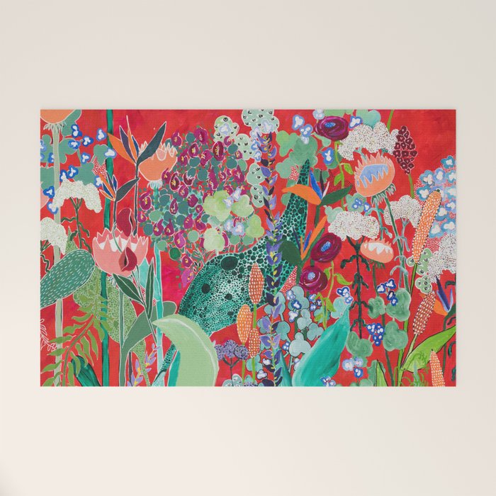 Red floral Jungle Garden Botanical featuring Proteas, Reeds, Eucalyptus, Ferns and Birds of Paradise Welcome Mat Gallery Image 1