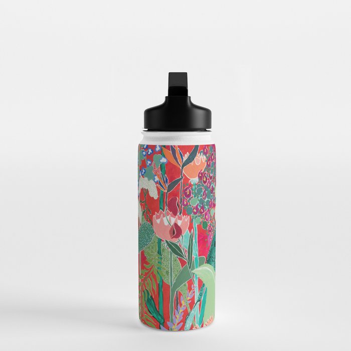 Red floral Jungle Garden Botanical featuring Proteas, Reeds, Eucalyptus, Ferns and Birds of Paradise Water Bottle Gallery Image 3