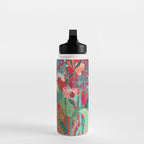 Red floral Jungle Garden Botanical featuring Proteas, Reeds, Eucalyptus, Ferns and Birds of Paradise Water Bottle Gallery Image 3