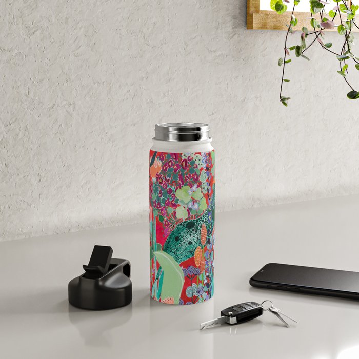 Red floral Jungle Garden Botanical featuring Proteas, Reeds, Eucalyptus, Ferns and Birds of Paradise Water Bottle Gallery Image 5