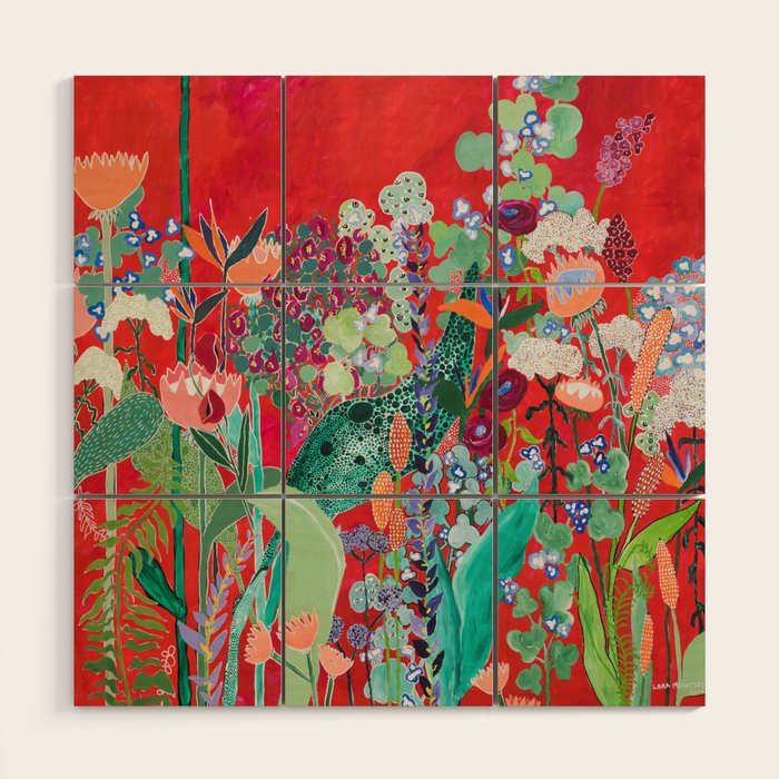 Red floral Jungle Garden Botanical featuring Proteas, Reeds, Eucalyptus, Ferns and Birds of Paradise Wood Wall Art Gallery Image 1