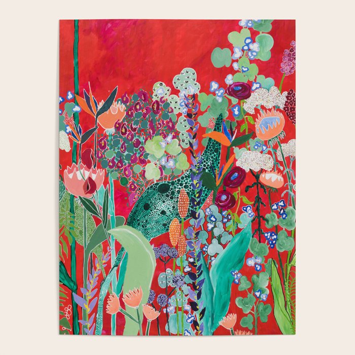 Red floral Jungle Garden Botanical featuring Proteas, Reeds, Eucalyptus, Ferns and Birds of Paradise Poster Gallery Image 1
