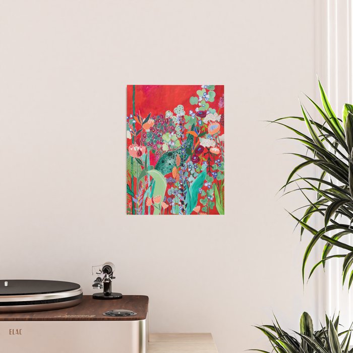 Red floral Jungle Garden Botanical featuring Proteas, Reeds, Eucalyptus, Ferns and Birds of Paradise Poster Gallery Image 2