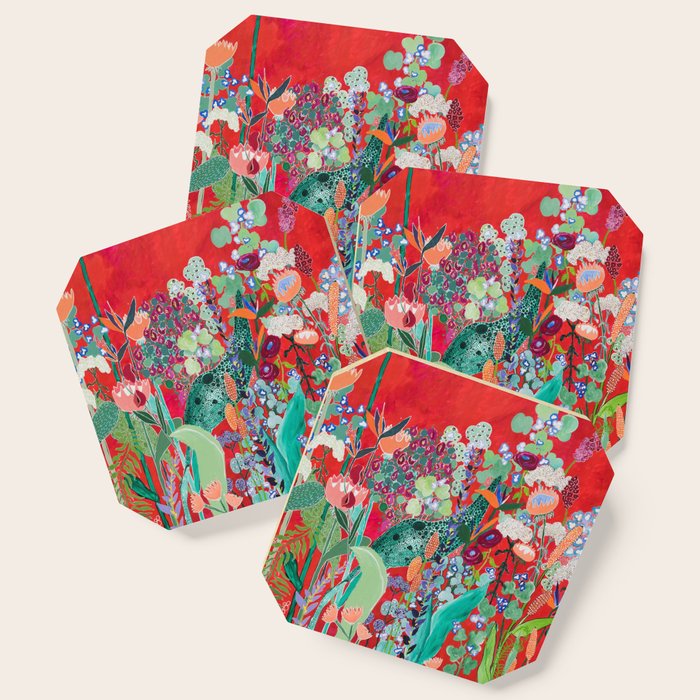 Red floral Jungle Garden Botanical featuring Proteas, Reeds, Eucalyptus, Ferns and Birds of Paradise Coaster Gallery Image 1