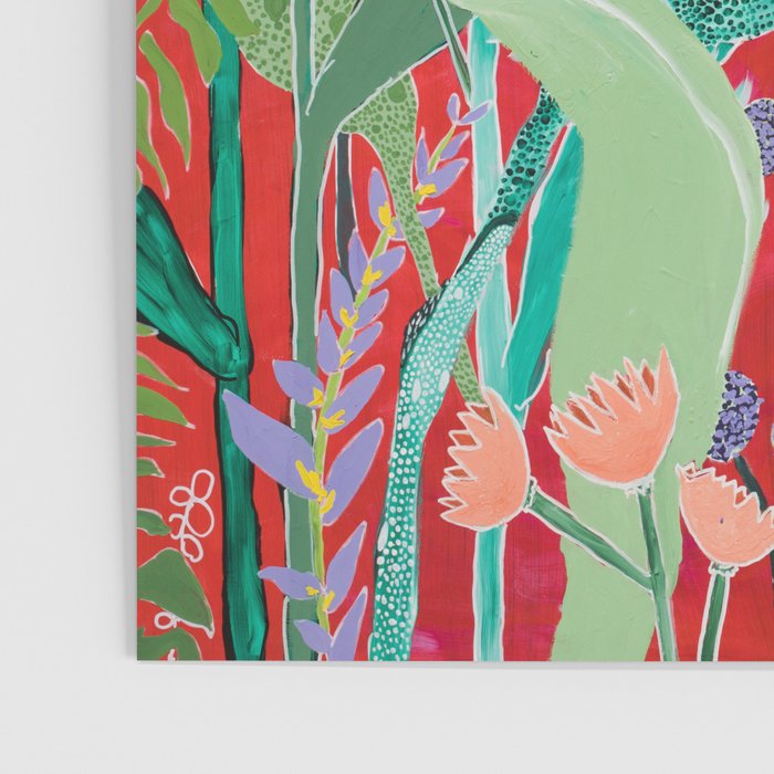 Red floral Jungle Garden Botanical featuring Proteas, Reeds, Eucalyptus, Ferns and Birds of Paradise Poster Gallery Image 3