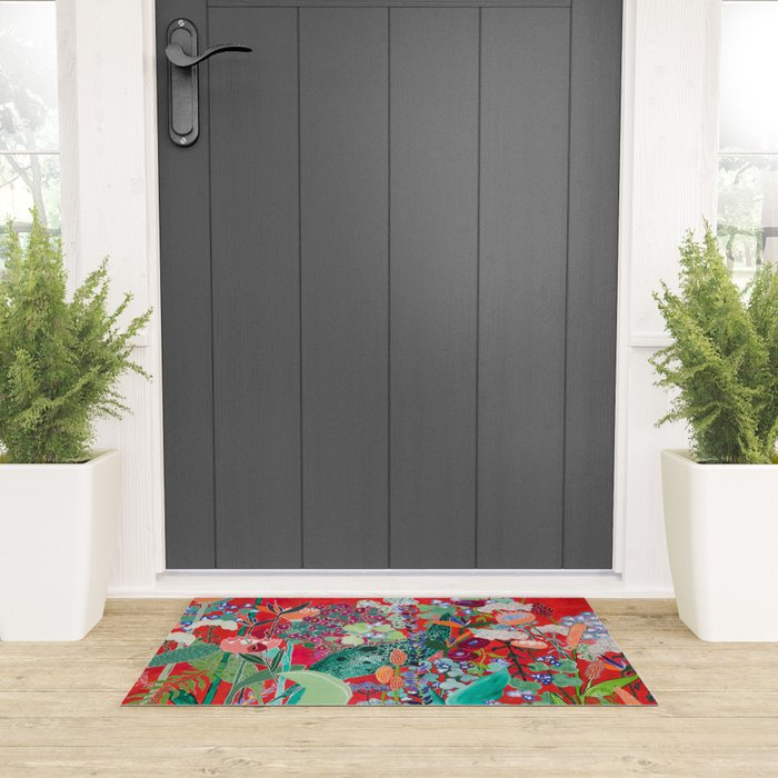Red floral Jungle Garden Botanical featuring Proteas, Reeds, Eucalyptus, Ferns and Birds of Paradise Welcome Mat Gallery Image 3