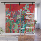 Red floral Jungle Garden Botanical featuring Proteas, Reeds, Eucalyptus, Ferns and Birds of Paradise Wall Mural Gallery Image 1