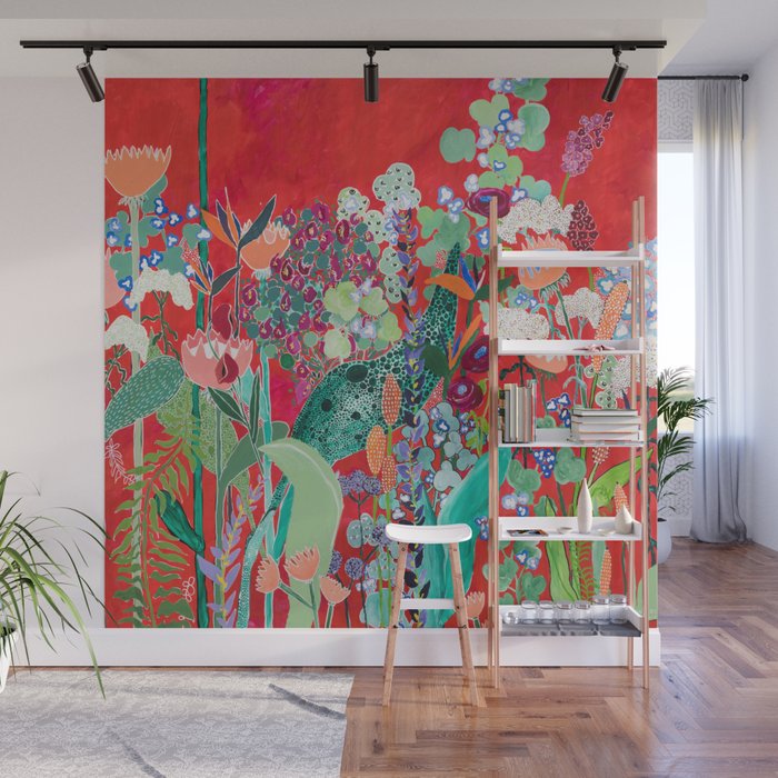 Red floral Jungle Garden Botanical featuring Proteas, Reeds, Eucalyptus, Ferns and Birds of Paradise Wall Mural Gallery Image 1