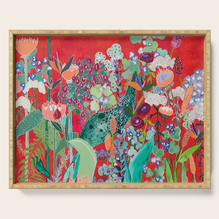 Red floral Jungle Garden Botanical featuring Proteas, Reeds, Eucalyptus, Ferns and Birds of Paradise Serving Tray Gallery Image 1