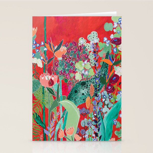 Red floral Jungle Garden Botanical featuring Proteas, Reeds, Eucalyptus, Ferns and Birds of Paradise Stationery Card Gallery Image 2