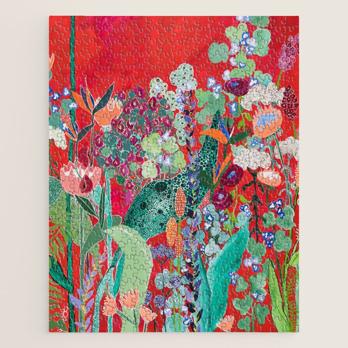 Red floral Jungle Garden Botanical featuring Proteas, Reeds, Eucalyptus, Ferns and Birds of Paradise Jigsaw Puzzle Gallery Image 1