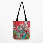 Red floral Jungle Garden Botanical featuring Proteas, Reeds, Eucalyptus, Ferns and Birds of Paradise Tote Bag Gallery Image 2